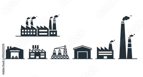 Industrial factory silhouettes representing manufacturing and production facilities in various designs.