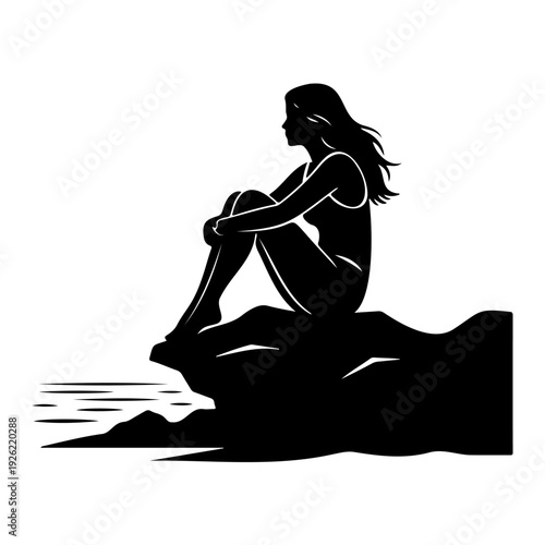 Woman Sitting on Rock by Ocean Silhouette Peaceful Beach Meditation Relaxation Vector Illustration