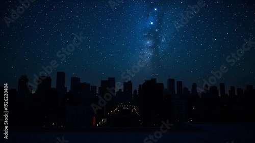 Rooftop city view, artificial lights turning off revealing clear starry sky, ending with visible stars and skyline silhouette, steady hold