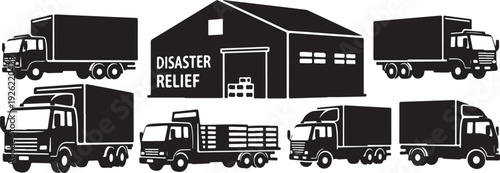 Disaster relief trucks and warehouse for emergency aid delivery services