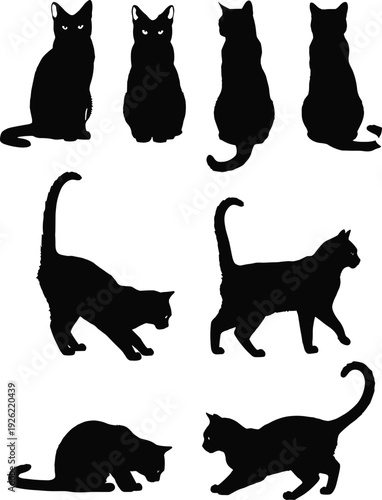 "Silhouette of various cat poses in black, featuring playful, sitting, and standing cat shapes, perfect for animal lovers, home décor, and digital art designs."