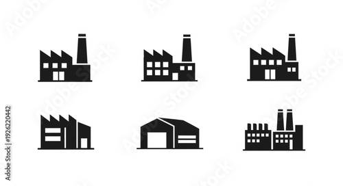 Collection of factory silhouettes representing industrial buildings and manufacturing plants.