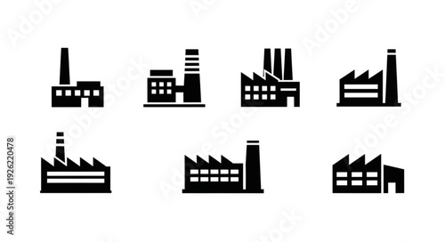 Collection of factory silhouettes representing industrial buildings and manufacturing plants in a monochrome style.