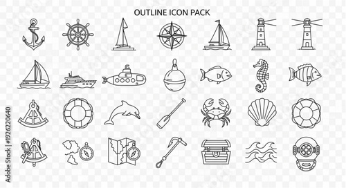 Collection of nautical outline icons representing various marine elements and symbols.
