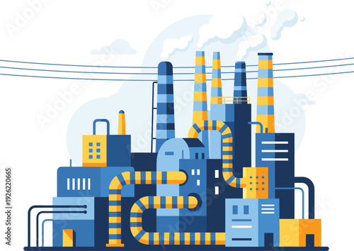 Stylized industrial factory plant with blue buildings striped smokestacks and yellow pipes emitting smoke.