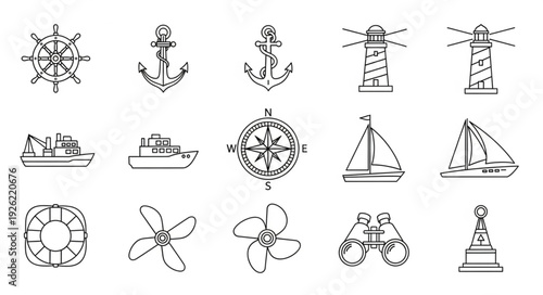 Nautical themed illustrations featuring various maritime elements and symbols in black and white.