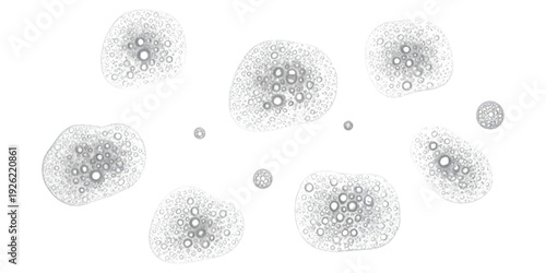 Abstract illustration of microscopic cellular forms or particles floating against a white background.