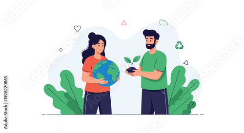 Man and woman working together to save the planet, holding a globe and a new plant seedling against a leafy background.