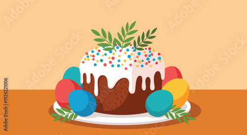 Traditional Easter cake, or Kulich, decorated with white icing, colorful sprinkles, and green leaves, surrounded by painted eggs.