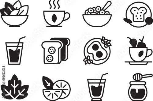 Collection of hand drawn breakfast food and drink items isolated on transparent background