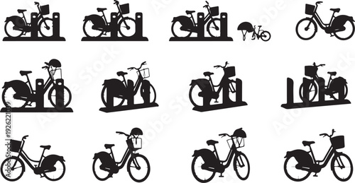 Various bicycle silhouettes in different poses and settings illustration