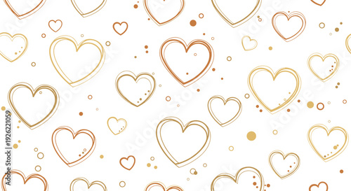 Seamless romantic pattern background of hand-drawn doodle hearts in gold and brown colors with dots on a white canvas.