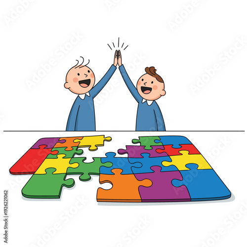 Two happy cartoon children highfiving in celebration after successfully solving a colorful jigsaw puzzle.