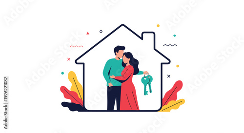 Happy young couple celebrating their new home, hugging inside a house outline while the woman holds a set of house keys.