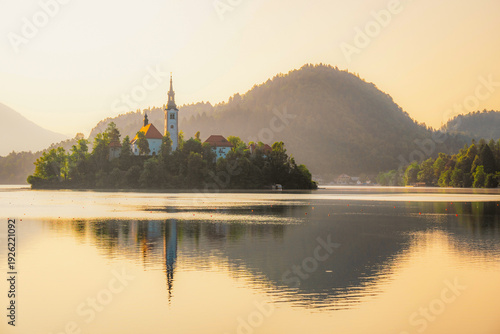 Bled, Slovenia. Lake Bled with the Church of the Assumption of Maria and Julian Alps in the background