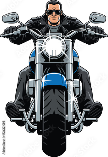 Tough biker in sunglasses and a black leather jacket riding a blue cruiser motorcycle headon.