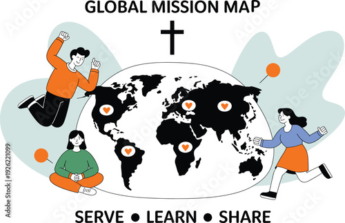 Global mission map illustration featuring world map, Christian cross symbol, diverse volunteers serving communities worldwide, faith based outreach concept promoting serve learn share values