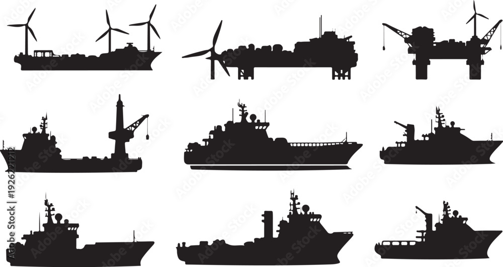 Obraz premium Silhouettes of various naval ships and wind turbines on white background