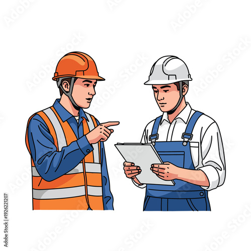 Two male construction workers in safety gear one pointing while the other reviews a clipboard.