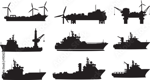 Silhouettes of various naval ships and wind turbines on white background