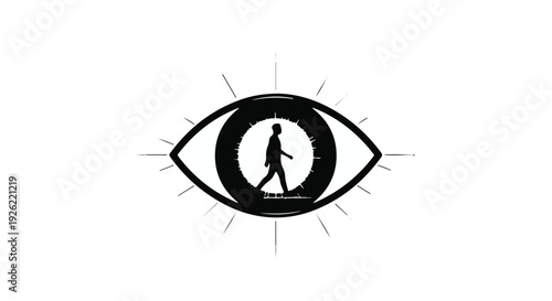 Symbolic representation of a person walking within an eye, suggesting observation, self-awareness, or a journey of perspective.