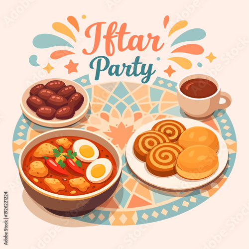 Illustration of a vibrant Iftar party spread featuring traditional food, dates, pastries, and coffee on a decorative mat.