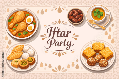 Overhead view of a festive Iftar party spread with traditional dishes, sweets, dates, and soup on a decorative tablecloth.