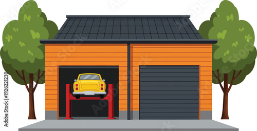 Twobay orange auto repair shop illustration with a yellow classic car on a red hydraulic lift.