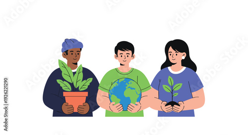 Group of diverse young people working together for environmental conservation, holding the Earth, a potted plant, and a seedling.