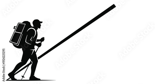 Silhouette of a determined hiker with a backpack climbing a steep incline with poles
