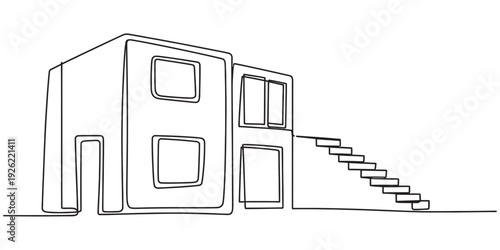 A continuous single line drawing of a modern house with multiple levels and an external staircase Vector, illustration