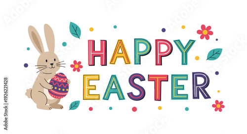 Colorful 'Happy Easter' greeting text with a cute cartoon bunny holding a beautifully decorated purple Easter egg among flowers.