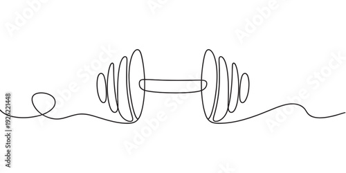 A single line drawing of a dumbbell on a white background, symbolizing fitness and strength. Vector, illustration