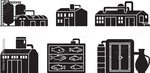 Black and white farm buildings and food storage icons set