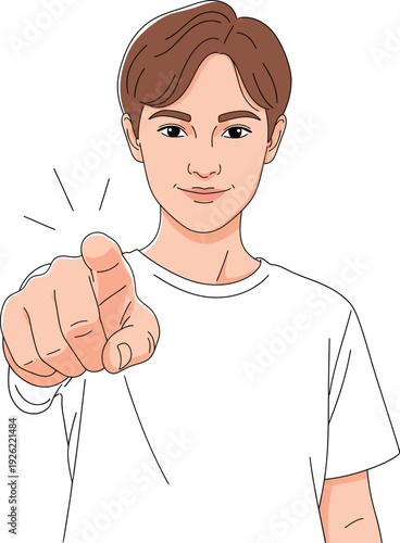 Young man with brown hair in a white tshirt pointing his index finger directly at the viewer with a confident smile.