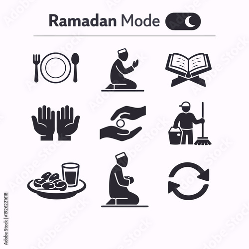 Set of black and white icons representing various activities and traditions during the Islamic holy month of Ramadan, with a 'Ramadan Mode' toggle switch.