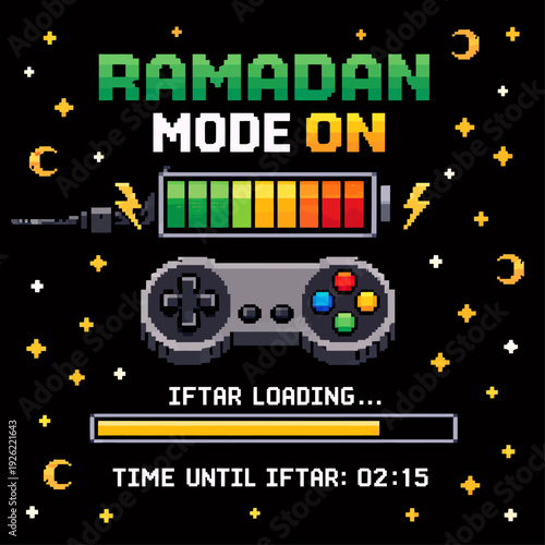 Pixel art design for Ramadan featuring a game controller, battery, and Iftar loading bar with countdown.