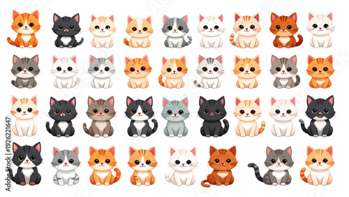 Cute cat characters vector set with kittens in different colors and poses isolated on white background for pet nursery and animal designs