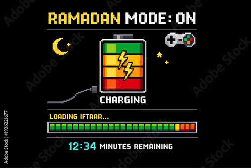 Pixel art graphic depicting "Ramadan Mode: ON" with a charging battery, "Loading Iftaar" progress bar, and "12:34 Minutes Remaining".