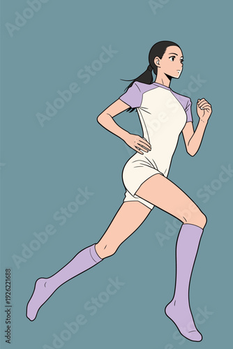 A girl in a sports uniform runs with focus and determination on a plain background. The setting shows her active movement.