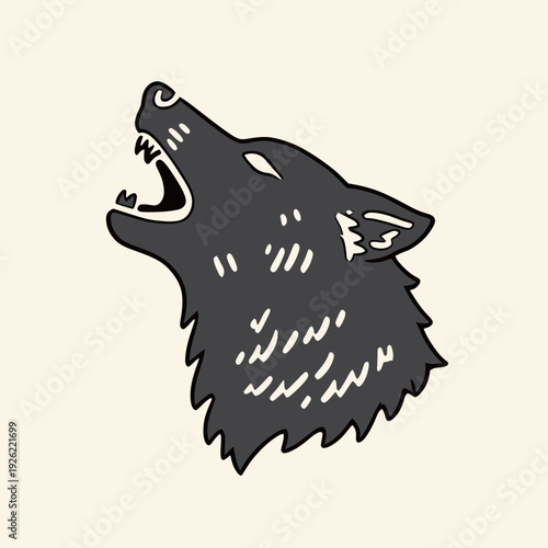 A wolf head is shown facing left with its mouth open, howling. The design uses a black outline and light background with no colors.