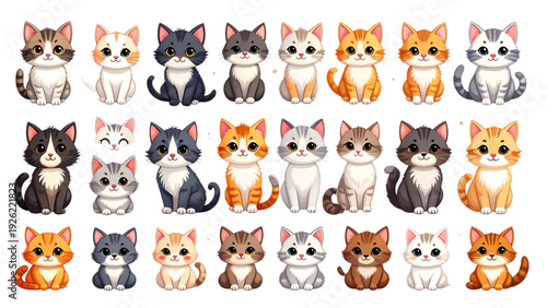 Cute cat characters vector set with kittens in different colors and poses isolated on white background for pet nursery and animal designs