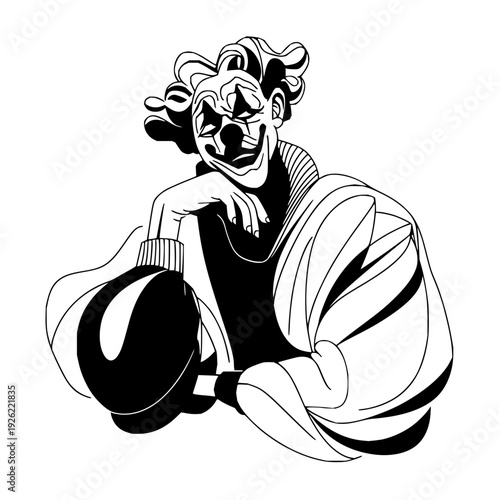 Sad clown illustration art vector design for halloween circus performer with makeup and costume drawing