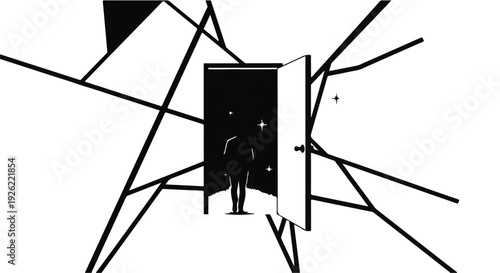 Silhouette person stepping through an open door into a starry, dark expanse
