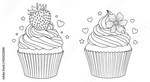 Black and white coloring book page featuring two delicious cupcakes, one topped with a strawberry and the other with a flower.