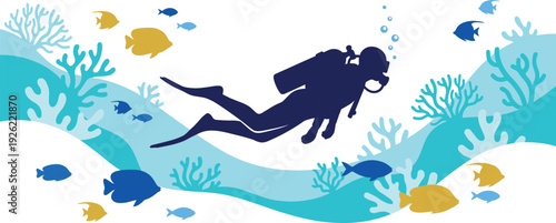 Scuba diver swimming through colorful coral reef, underwater ocean scene with tropical fish and marine life, flat vector illustration for diving adventure and exploration concept