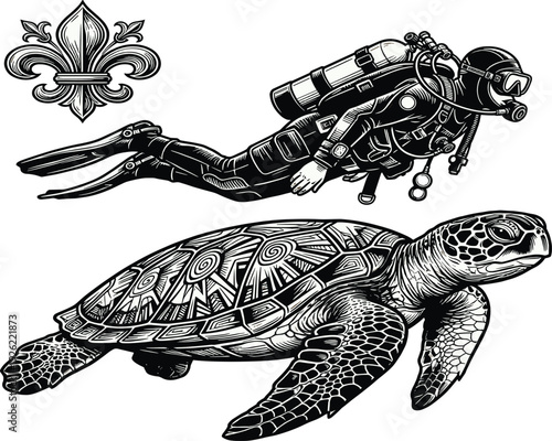 Scuba diver swimming above sea turtle, detailed black and white marine illustration featuring underwater wildlife, ocean exploration concept art for diving adventure and conservation theme