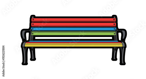 Colorful park bench with armrests.