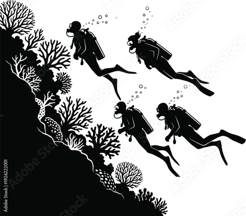 Scuba divers exploring coral reef underwater, black silhouette ocean adventure scene with marine life bubbles, deep sea diving teamwork illustration for aquatic exploration concept