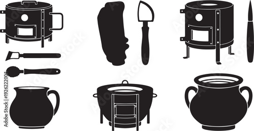Black and white illustration of various cooking pots and utensils